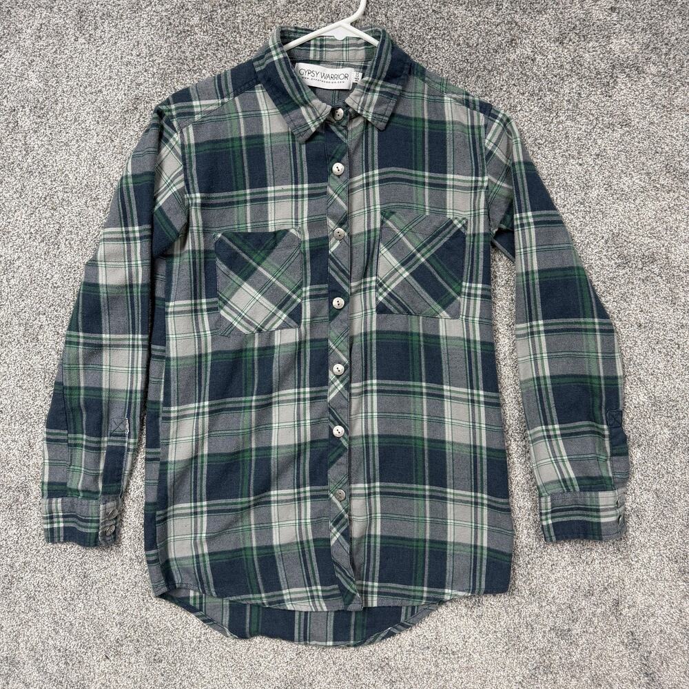 Gypsy Warrior Flannel Button Up Womens XS Gray Plaid Full Moon Grunge Boho Retro